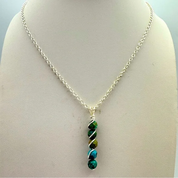 Wire-Wrapped Hubei Turquoise Stone Drop Necklace in Teal & Earth Tones - Picture 4 of 7